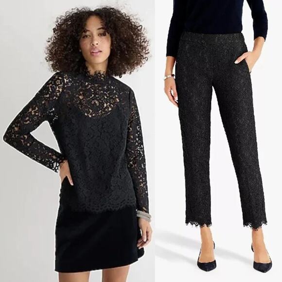 J.Crew Scalloped Lace Mock Neck Top & Peyton Pant Set Black Size 10 NWT - Picture 1 of 12